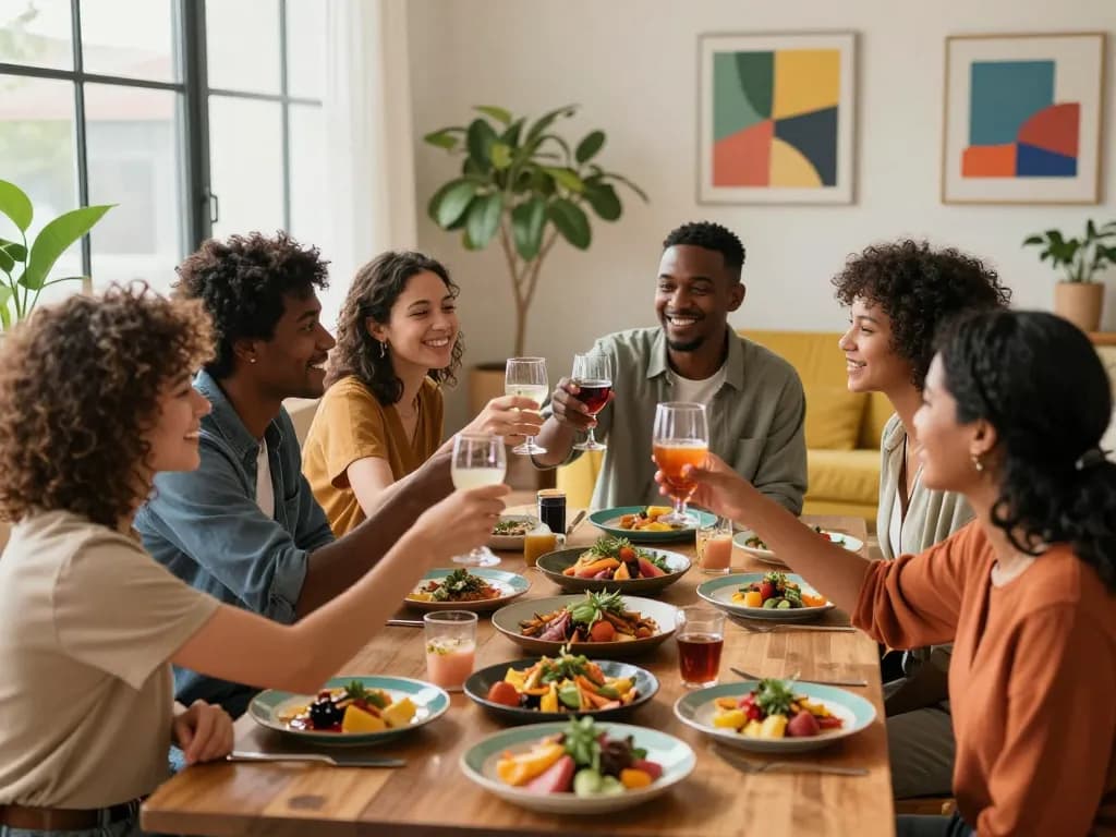 Five88 gathering in a stylish urban apartment with a diverse group sharing gourmet meals, conveying community and connection.