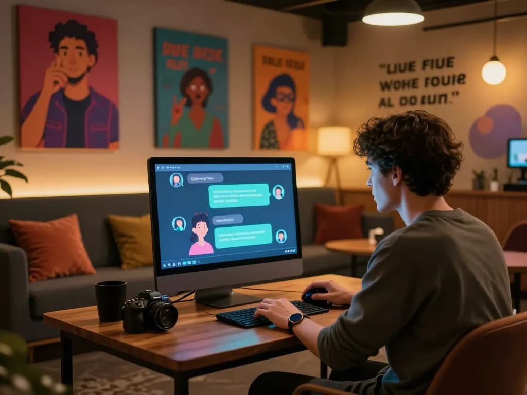 Engaging AI chat scene showcasing interaction with an AI chat porn character, warm lounge setting with digital art.