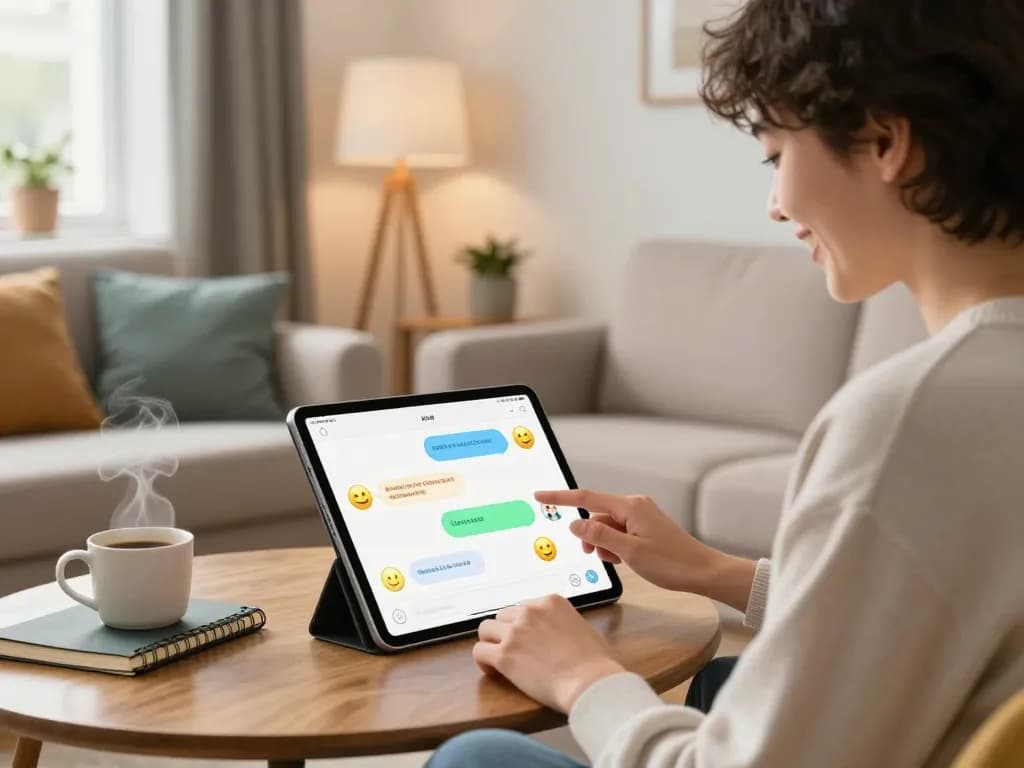 User engaged with spicy chat AI on tablet in cozy living room setting, emphasizing technology and personal interaction.