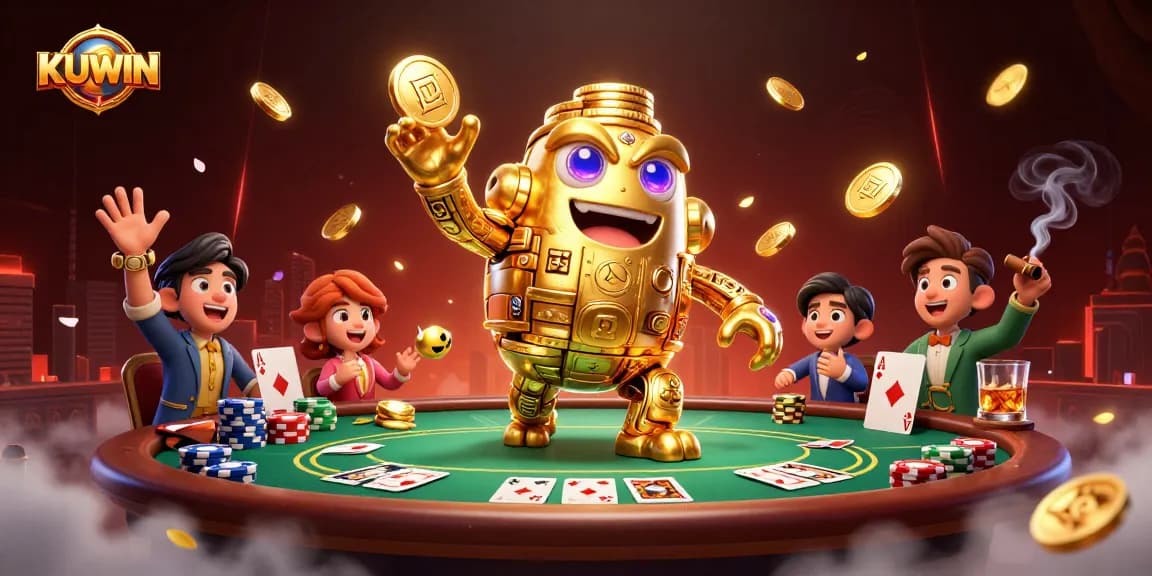 Join the excitement at KUWIN with a cartoon golden golem amidst vibrant poker elements.