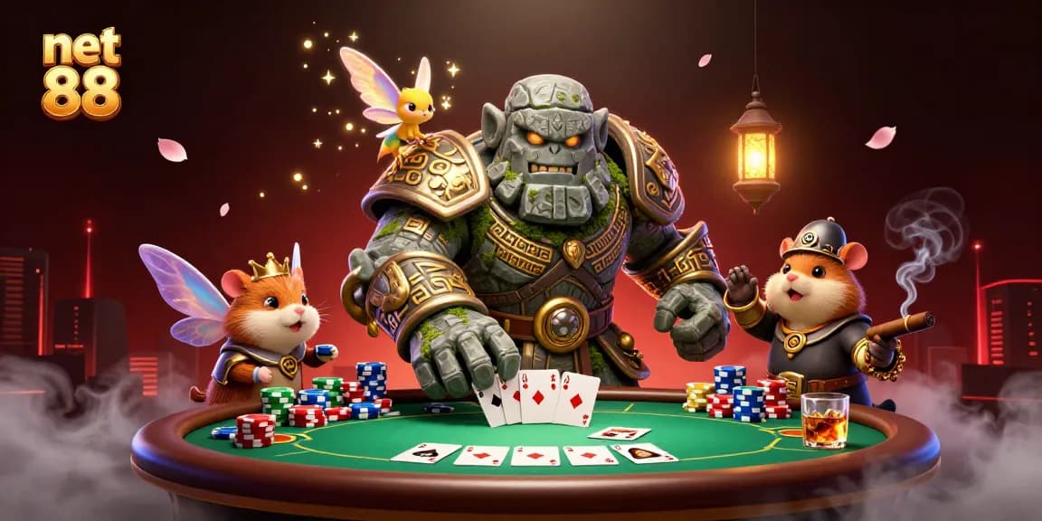 Experience exciting poker action with net 88 as a golem guardian, fairy, and hamster knight interact.
