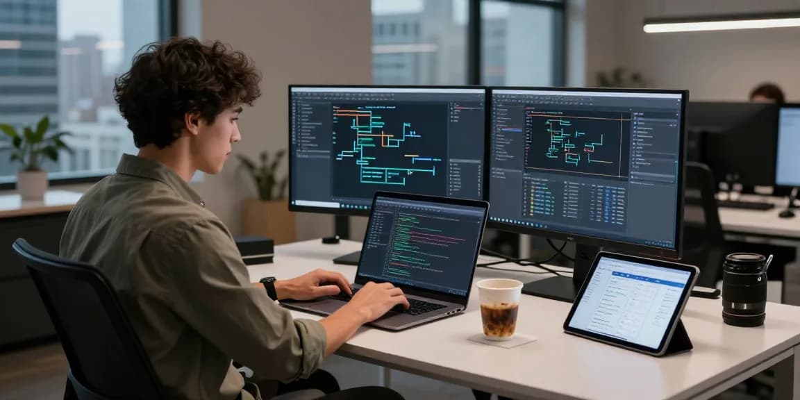 Dynamic tech workspace showcasing a developer at xn88nano.com, coding on dual monitors with a modern aesthetic.