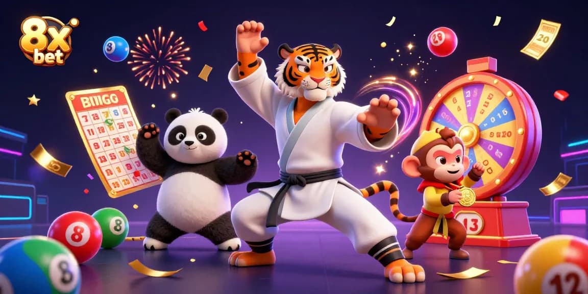 Experience thrilling wins with 8x bet as a kung fu tiger and friends celebrate in a vibrant casino.