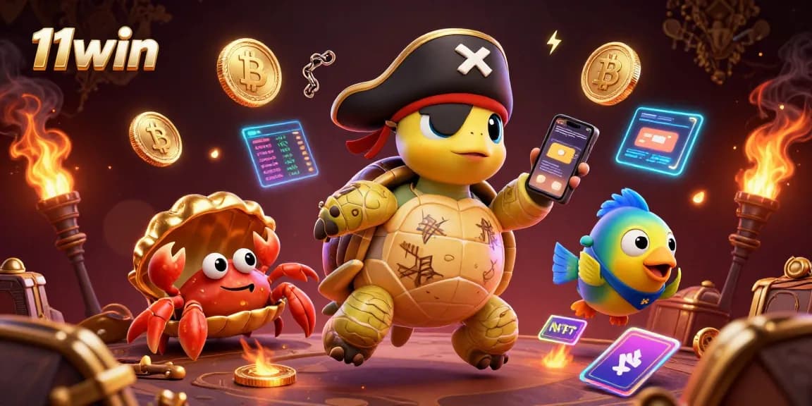 Experience the thrill of 11win with a vibrant 3D illustration showcasing a treasure-seeking pirate turtle and crypto elements.