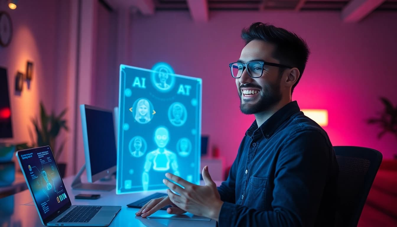 A user joyfully interacting with Crushon AI's holographic persona in a modern workspace.