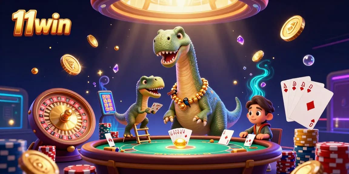 Experience the thrill of 11win with a vibrant casino scene featuring dinosaurs amidst cascading coins and dynamic game elements.