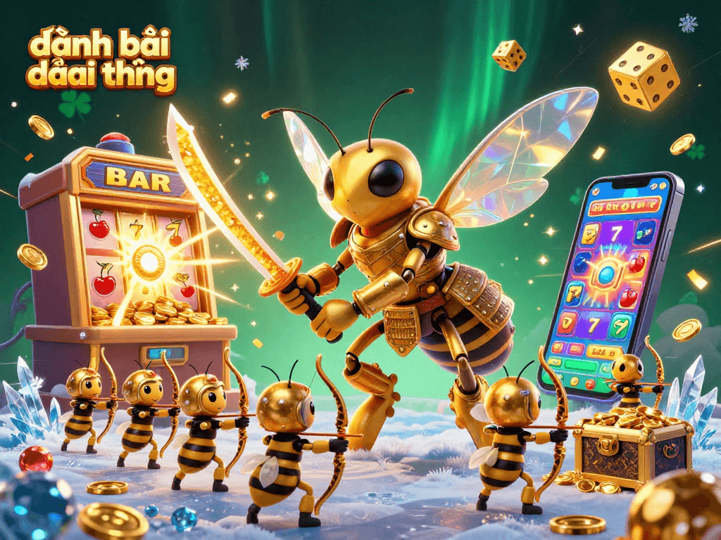Engage in đánh bài đổi thưởng with a dazzling 3D illustration featuring samurai hornet, slots, and casino elements.