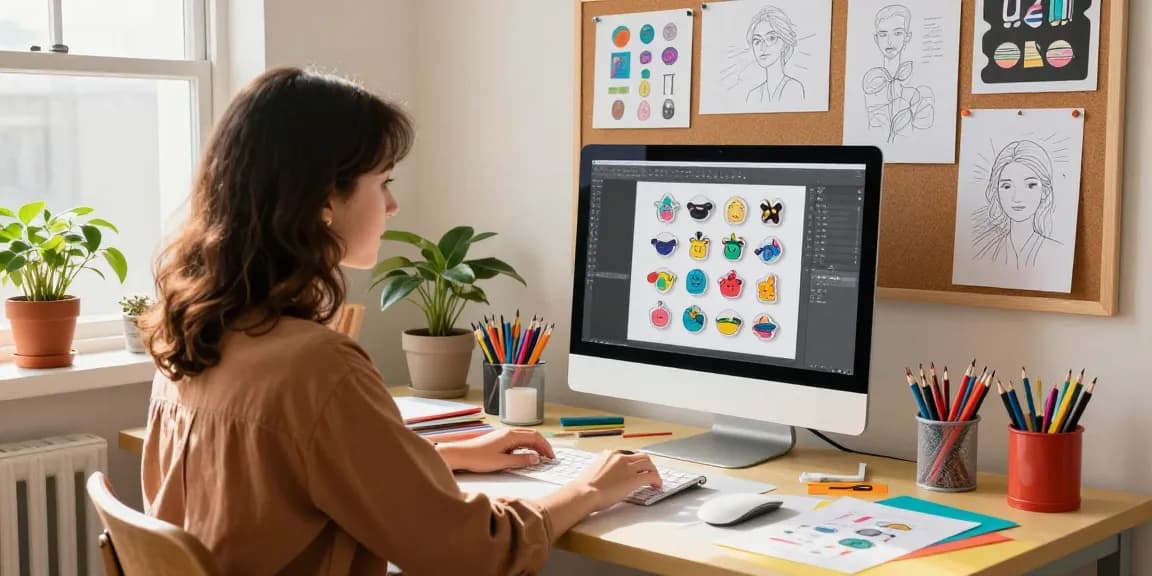 Designer creating custom acrylic pins in a bright, vibrant workspace filled with art supplies and inspiration.