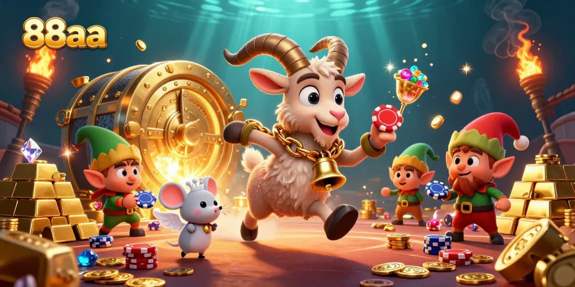 Experience the thrill of 88aa’s casino with lively characters amidst gold treasures, perfect for gamblers.