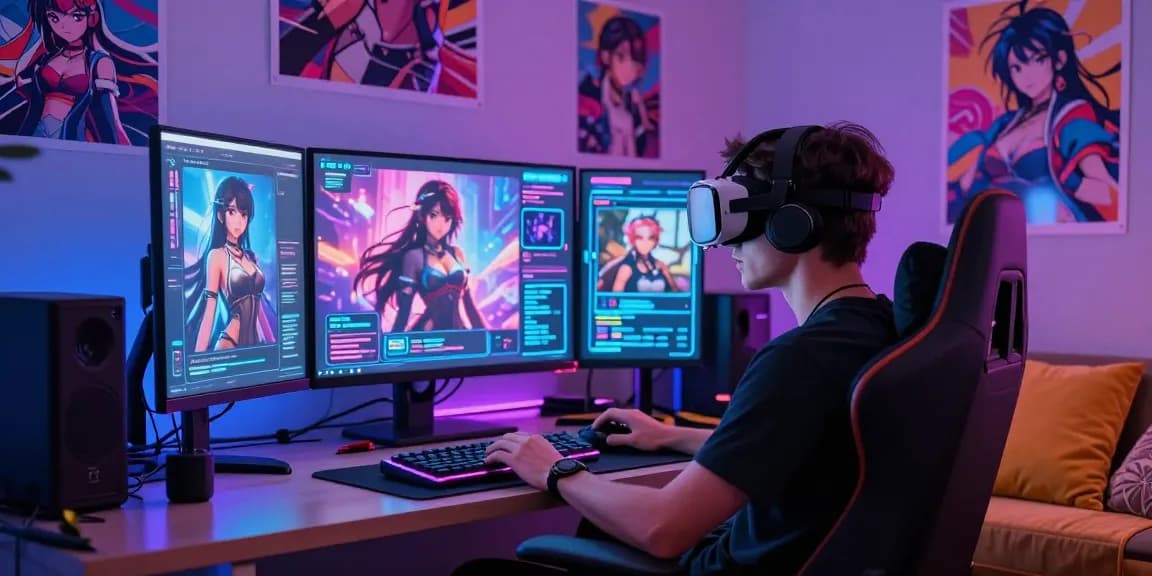 Engaging scene of a user in hentai AI chat interacting with animated characters and futuristic technology.