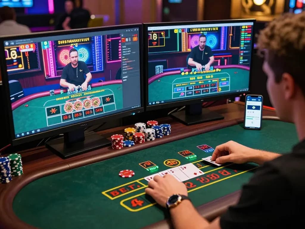 Engaged player using the debet23 online casino app while watching a live roulette stream.