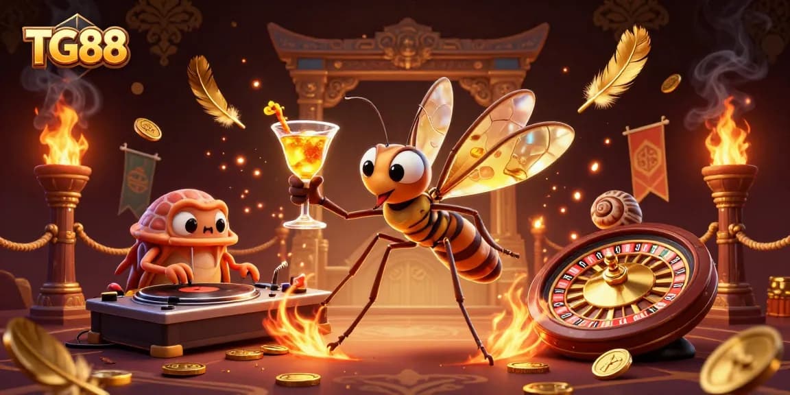 Experience winning moments at TG88 with a vibrant casino illustration featuring dynamic characters and elements.