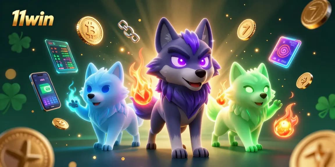 Join the excitement of 11win with vibrant 3D wolves and digital currency elements in a thrilling casino scene.