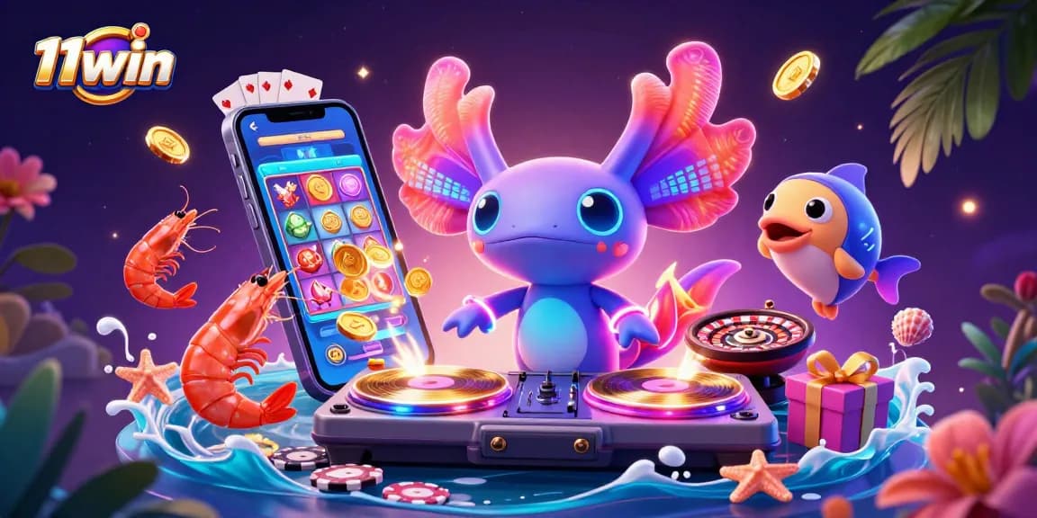 11win offers a vibrant underwater casino scene with a neon axolotl DJ and dancing shrimp.