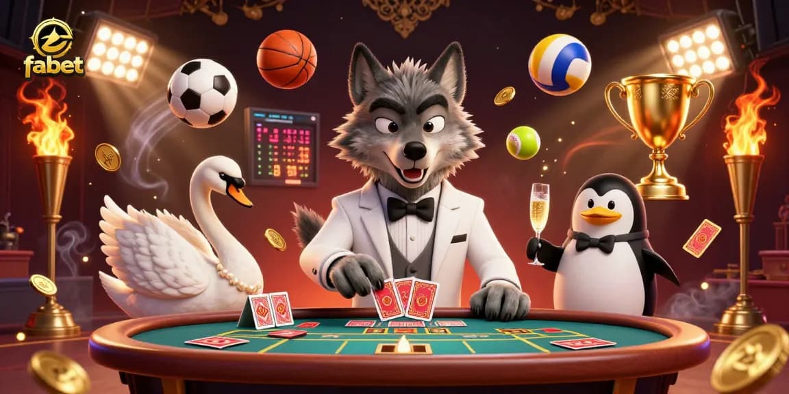 Experience fabet's dynamic casino scene with a debonair wolf and card-dealing swan, an engaging interplay of luxury and fun.