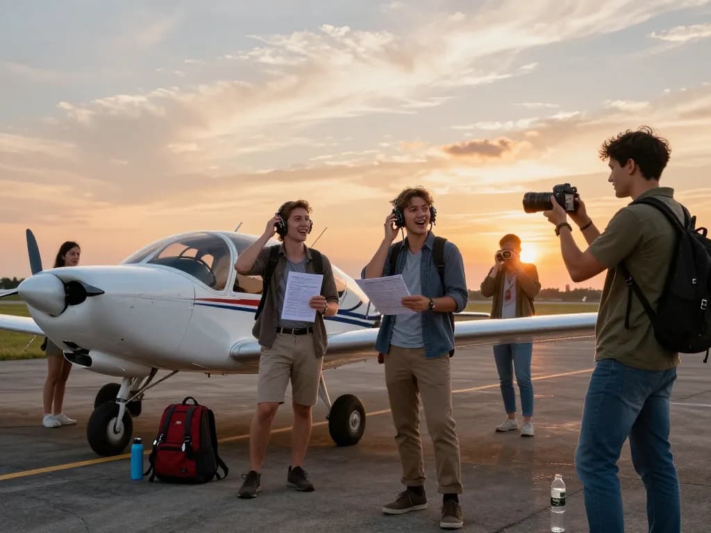 Friends preparing for a Fly88 discovery flight at sunset, capturing adventure and excitement.