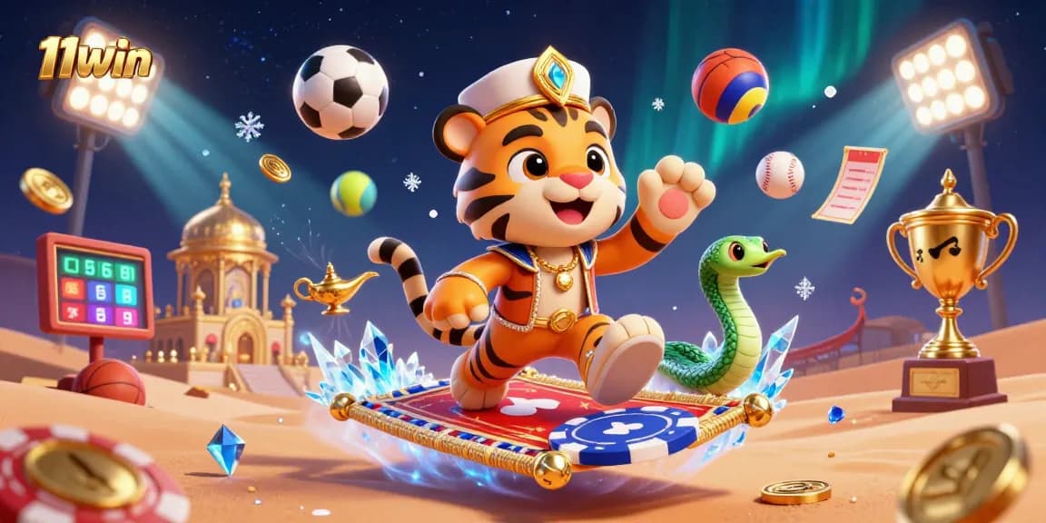 Experience the thrill of betting with 11win as an Arabian Nights-themed tiger sultan, sports balls, and trophies come to life!
