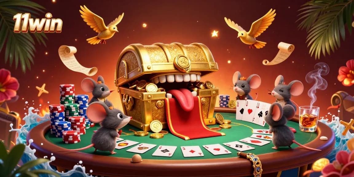Engaging illustration of 11win showcasing a golden treasure chest and poker elements for online gaming excitement.