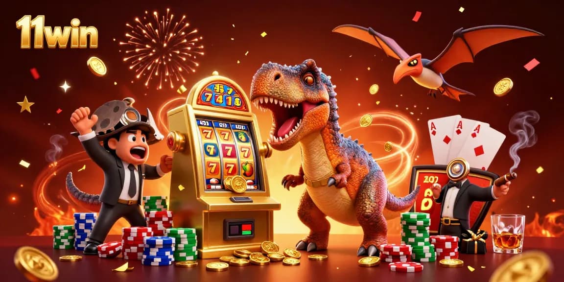 Experience big wins with 11win as a pachycephalosaurus hits the jackpot on a golden slot machine.