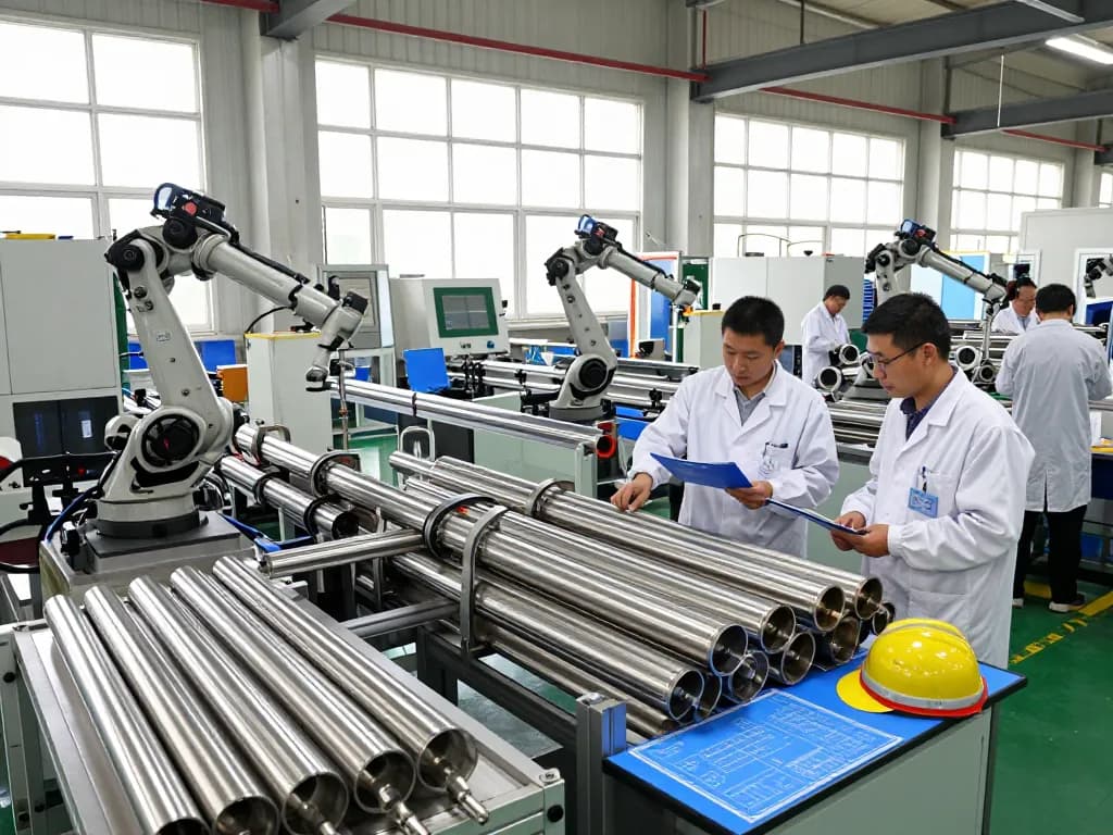 Quality control in sumwin stainless steel manufacturing plant with engineers inspecting products and modern machinery in action.
