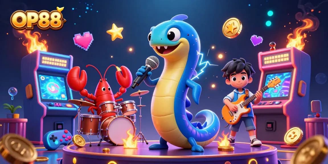 Win big at OP88's vibrant underwater casino with a DJ electric eel and playful characters.