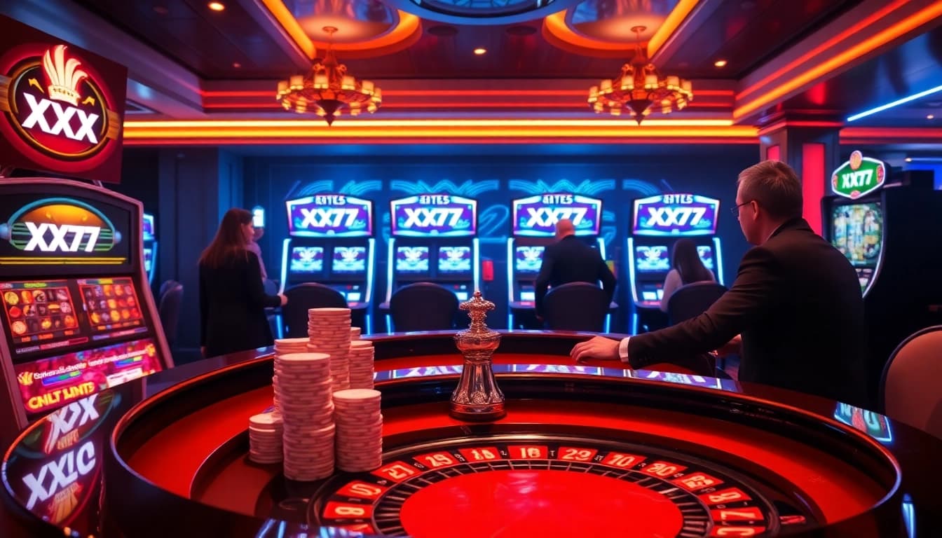X777 casino players enjoying high stakes at a vibrant roulette table surrounded by glowing slot machines.