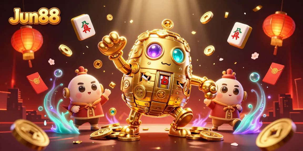 Jun88 online gaming reveals a golden golem amidst festival decorations, symbolizing winning chances.