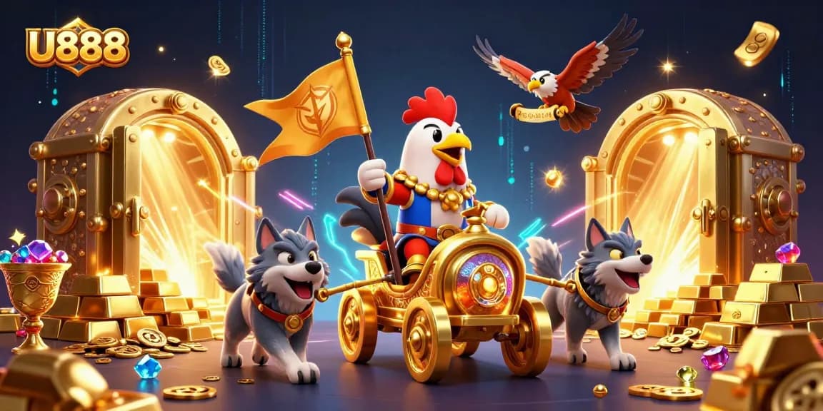 U888 War Warlord riding a golden chariot among treasures, showcasing the thrill of online gaming.