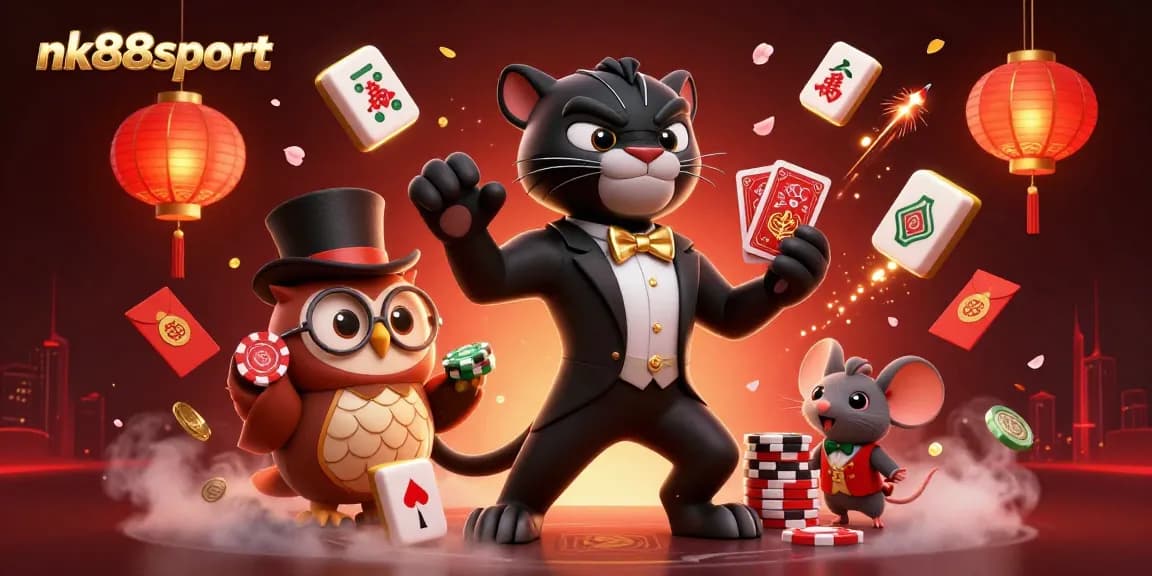 Engage in thrilling gameplay at nk88sport with a stylish panther dealing cards amidst golden festive elements.