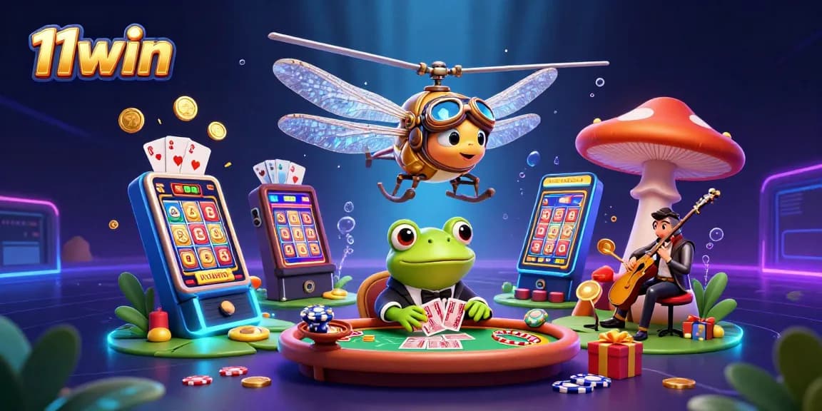 Experience the thrill of games like 11win with a lively casino scene featuring a dragonfly pilot and frog croupier.
