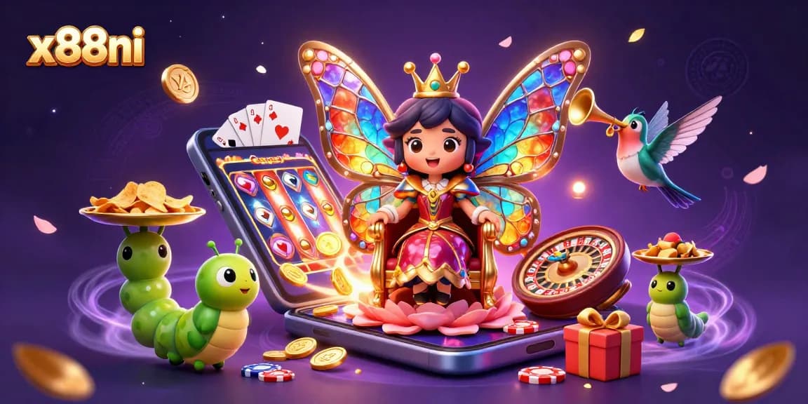 Experience thrilling wins at x88ni with vibrant slots, playing cards, and casino elements in a rich 3D scene.