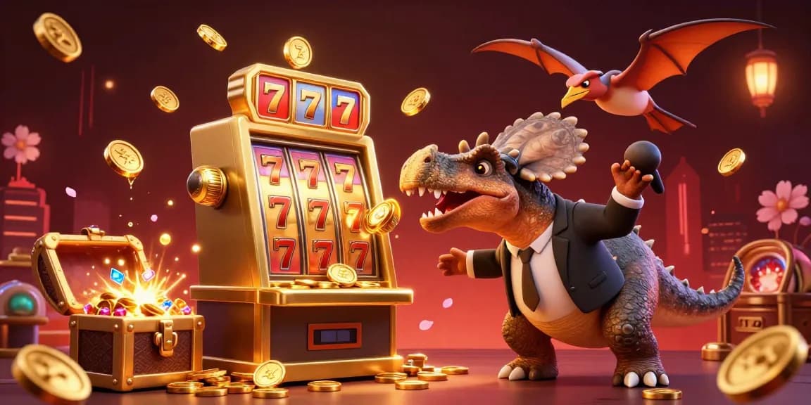 Experience thrilling jackpots at 11win with a vibrant illustration of a dinosaur-themed casino adventure.