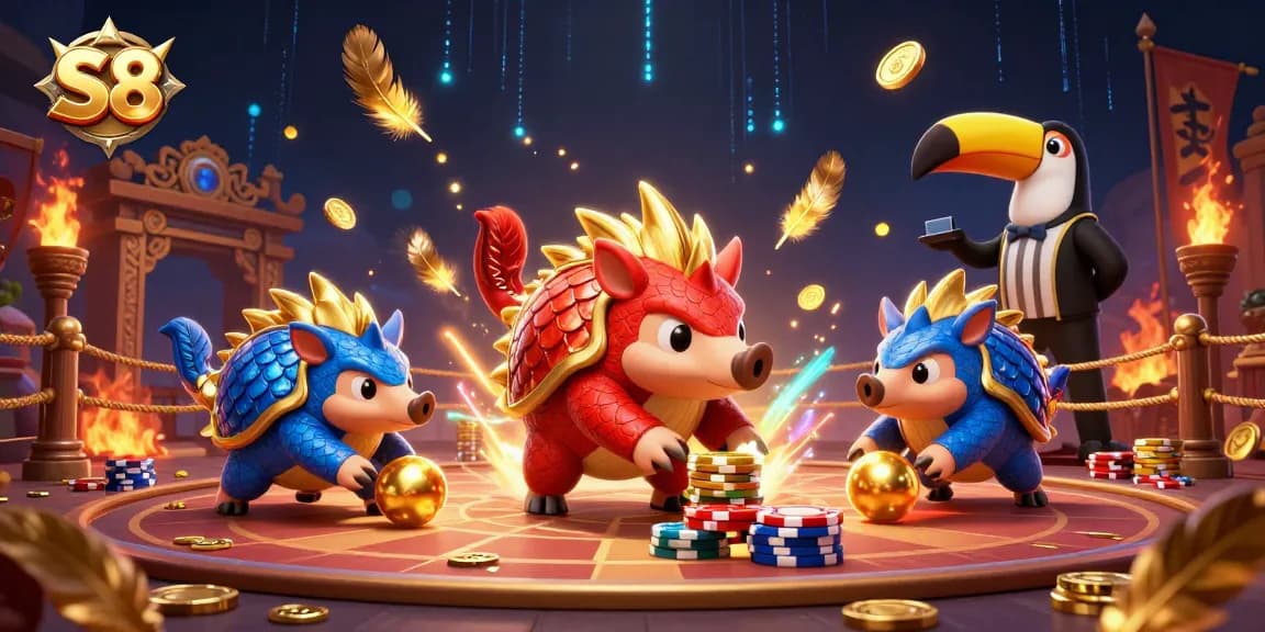 S8 pangolins compete in a casino-themed showdown surrounded by vibrant betting elements.