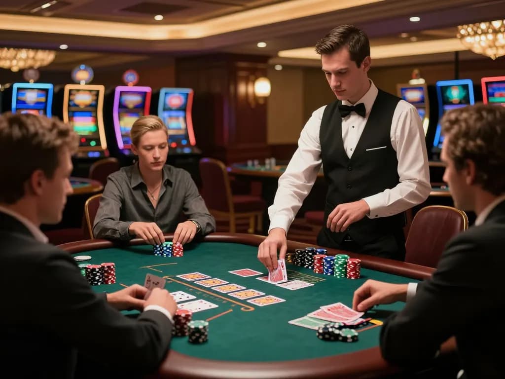 11bet players engaging at a blackjack table in a luxurious casino environment, with vibrant lighting and excitement.