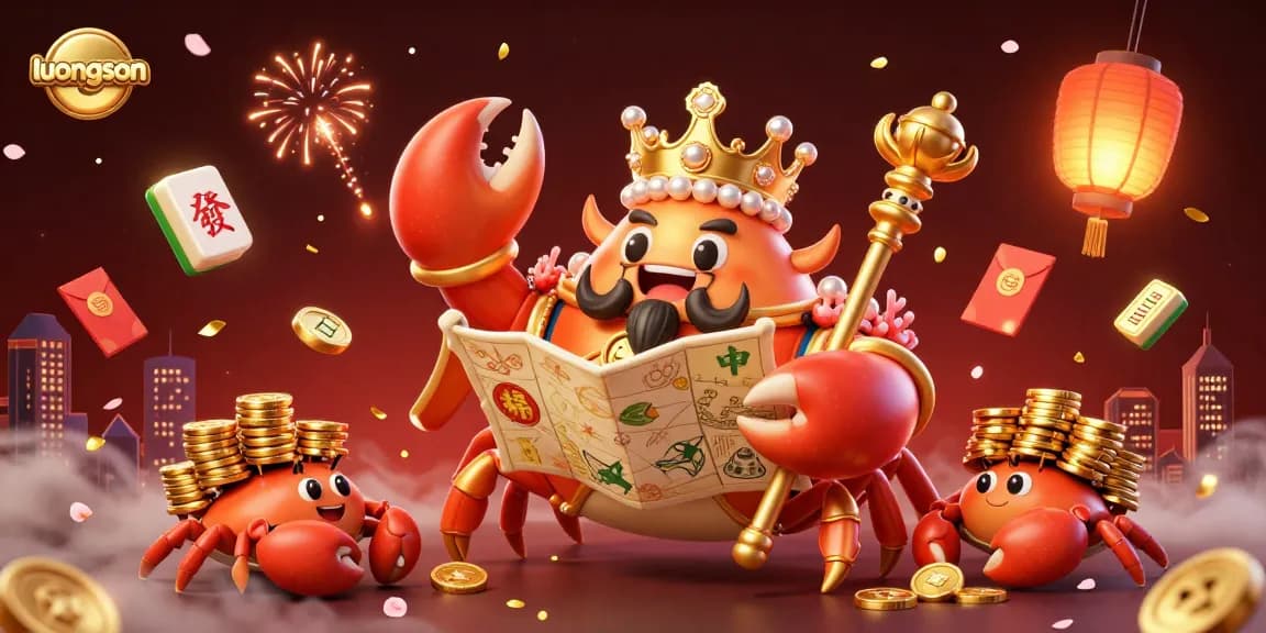 Experience vivid gaming action with luongson, featuring a golden crab emperor amidst dynamic casino elements.