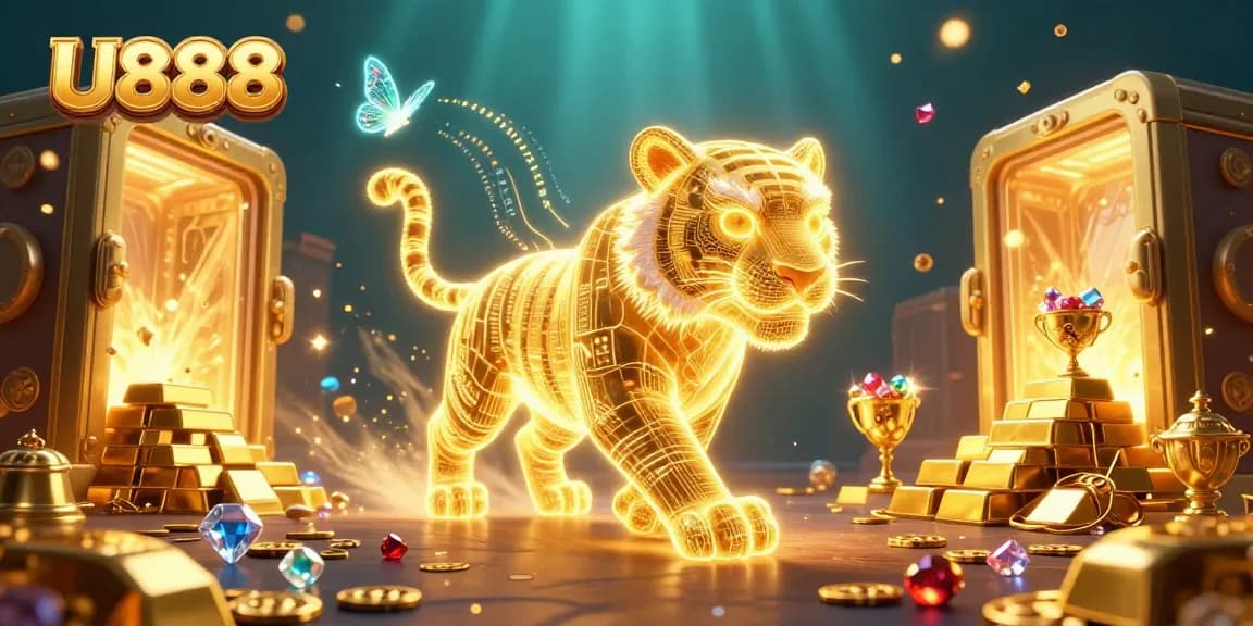 Experience U888's vibrant casino world with a golden tiger and treasure in a dynamic scene.