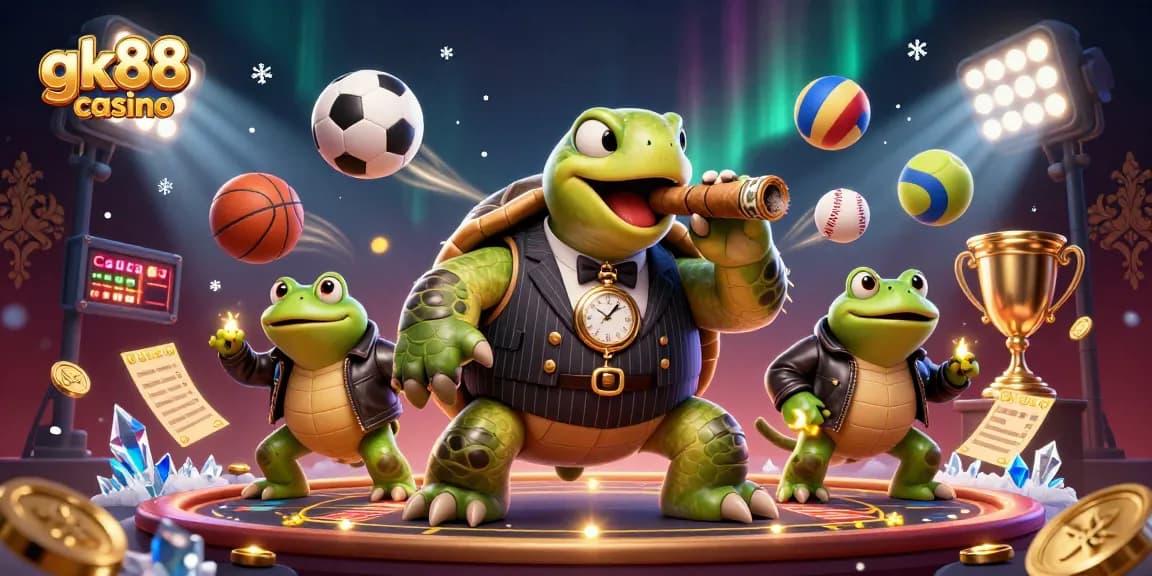 Engage with gk88casino's vibrant gambling scene featuring a snapping turtle in a suit and animated game elements.