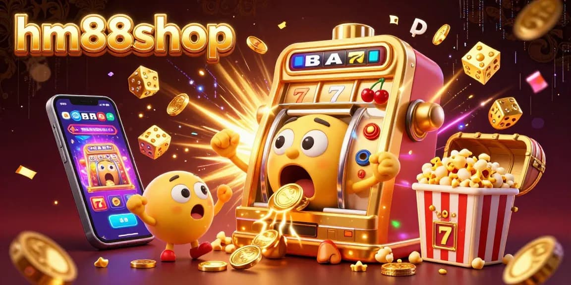 Celebrate winning moments with hm88shop’s vibrant 3D casino illustration featuring golden slot machines and jackpot imagery.