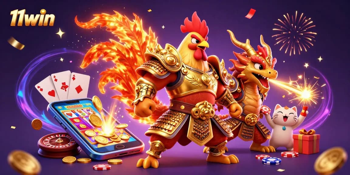 Experience thrilling gameplay with 11win featuring a dynamic scene of a rooster warrior and dragon hatchling.