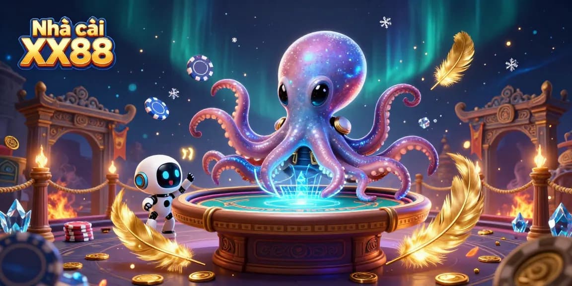 Experience the thrill of Nhà cái XX88 with a dazzling alien casino scene, featuring a poker table and vibrant cosmic elements.