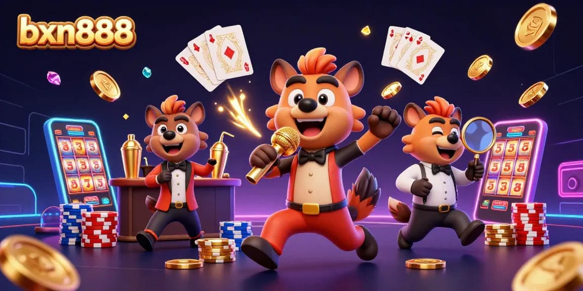 Experience the excitement of bxn888 with cartoon hyenas entertaining in a vibrant casino scene.