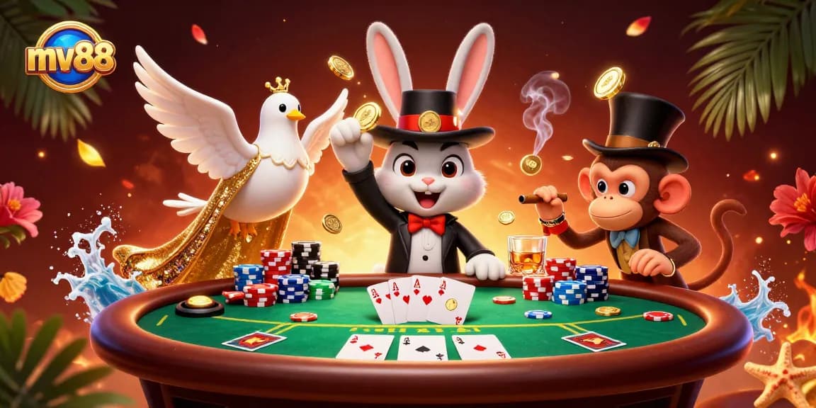 Experience the thrill of mv88 with a cartoon magician rabbit and exciting casino elements.