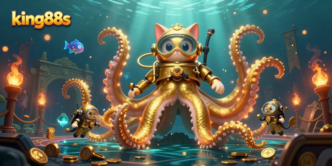 Engage with the king88s adventure featuring a colossal kraken, divers, and deep-sea treasures, set in an atmospheric underwater scene.