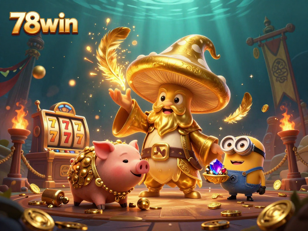 Experience the magic of 78win with golden mushroom wizard and gaming treasures in a vibrant scene.