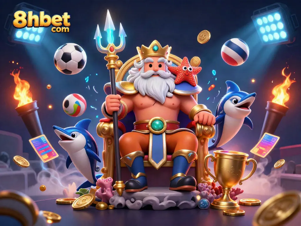 Participate in thrilling games at 8xbet com, featuring dynamic scenes of Neptune, sports elements, and vibrant casino action.