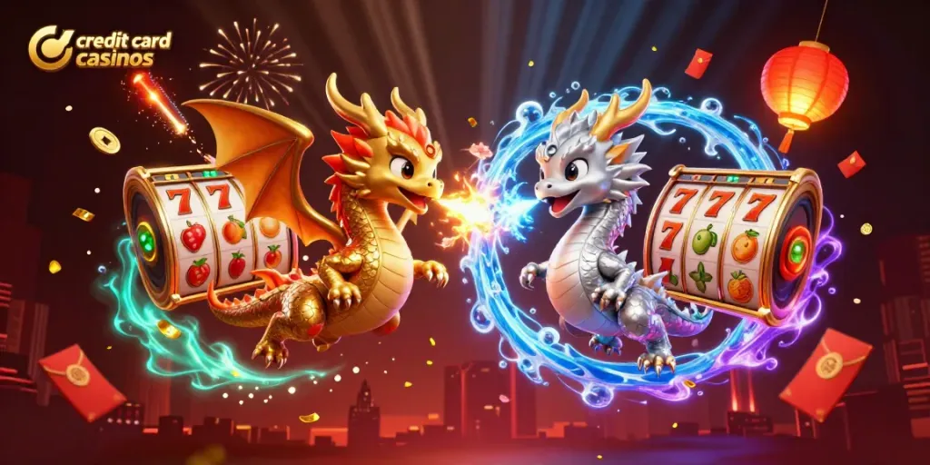 Explore thrilling moments at credit card casinos with golden dragons and dynamic gaming elements.