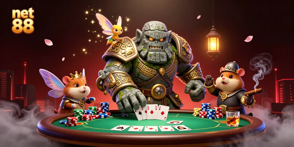 Experience exciting poker action with net 88 as a golem guardian, fairy, and hamster knight interact.
