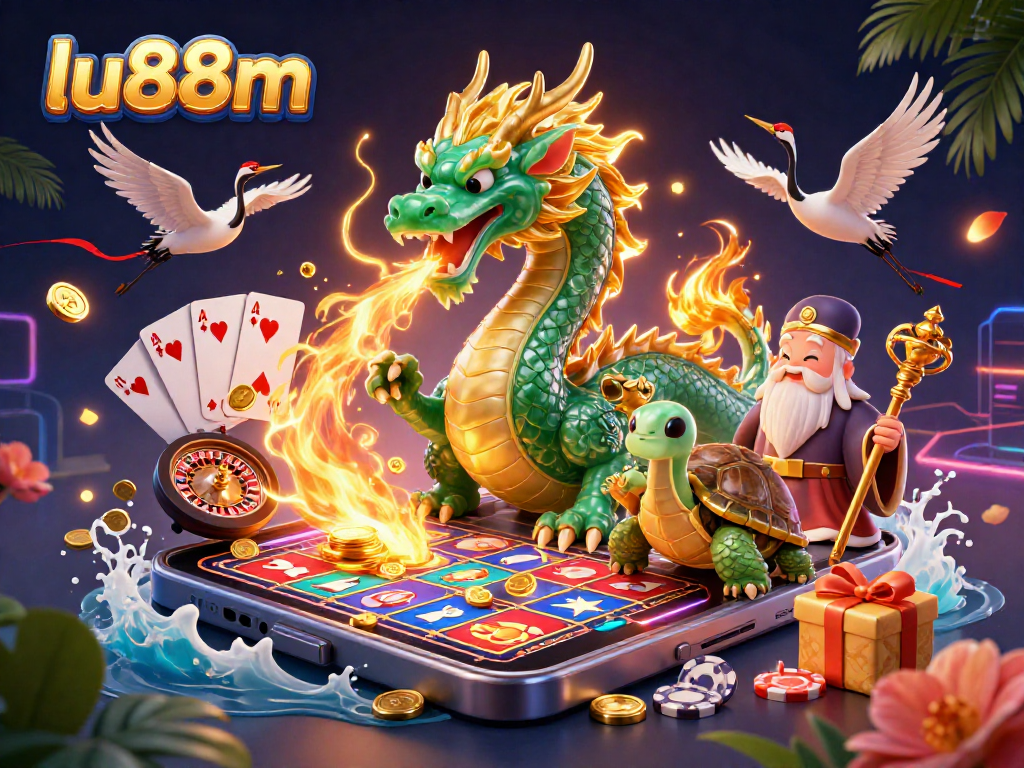 Experience thrilling gameplay at lu88m with a vibrant scene of dragons, turtles, and cranes amidst festive casino elements.