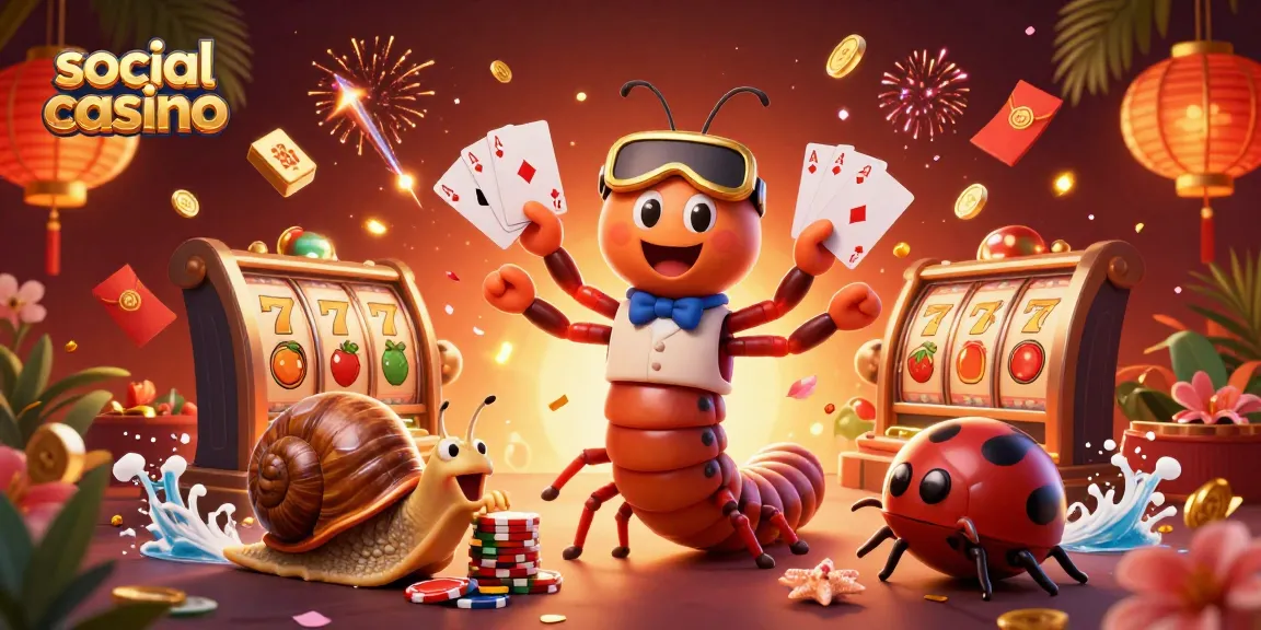 Experience the excitement of a social casino with a vibrant 3D cartoon scene of a dealer and players.