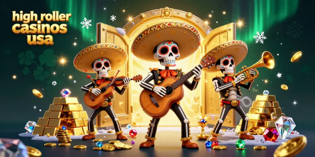 Experience the vibrant world of high roller casinos usa with colorful mariachi musicians and dazzling treasures.